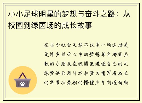 小小足球明星的梦想与奋斗之路：从校园到绿茵场的成长故事